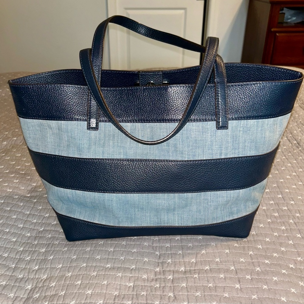 Michael Kors Navy Leather and Denim Striped Tote 👜 - Picture 3 of 16